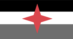 The Kingdom Of Euralia's flag, it has a black top, white middle and a dark gray bottom, as well as a red star-like shape in middle.