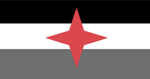 The Kingdom Of Euralia's flag, it has a black top, white middle and a dark gray bottom, as well as a red star-like shape in middle.