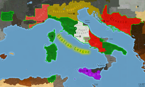 A map showcasing the situation in Italy with the Italian League highlighted in green