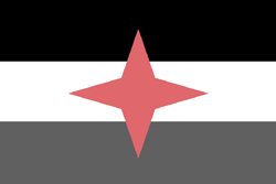 The Kingdom Of Euralia's flag, it has a black top, white middle and a dark gray bottom, as well as a red star-like shape in middle.