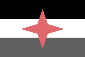 The Kingdom Of Euralia's flag, it has a black top, white middle and a dark gray bottom, as well as a red star-like shape in middle.