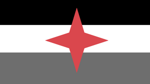 The Kingdom Of Euralia's flag, it has a black top, white middle and a dark gray bottom, as well as a red star-like shape in middle.