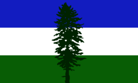 Blue, White, and Green Horizontal Tricolour with an Evergreen Tree in the center.